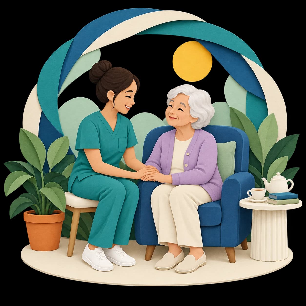 A nurse in teal scrubs holding an older woman's hands in her living room